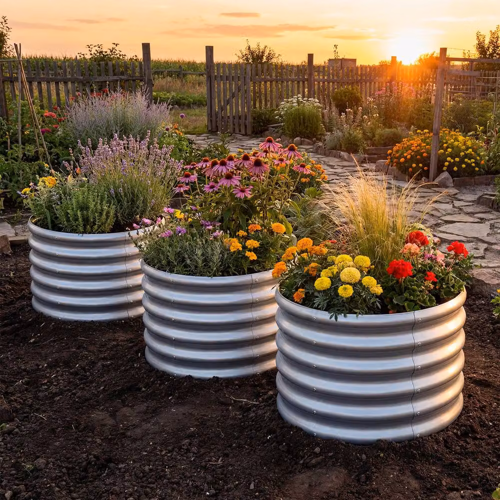 Costway Galvanised Steel Round Raised Garden Bed Planter Box in Silver – 4