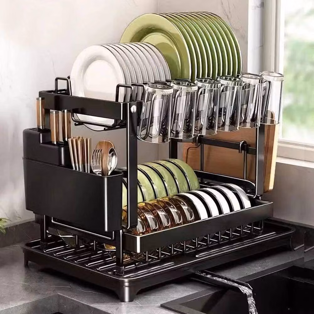 EONLION 2 Tier Dish Drainer Rack with Drip Tray and Cutlery Holder, Black – 3