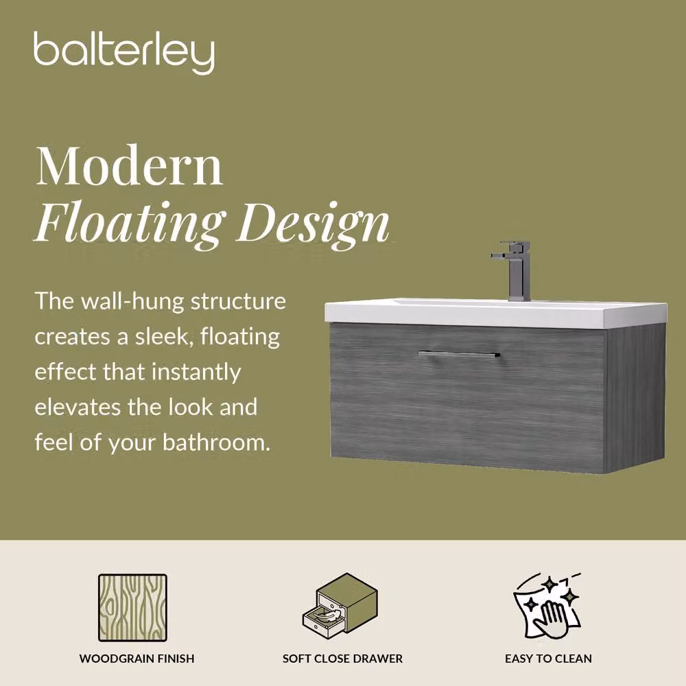 Balterley 800mm Wall Hung 1 Drawer Vanity in Woodgrain Anthracite and Grey with Pewter Handle – 2