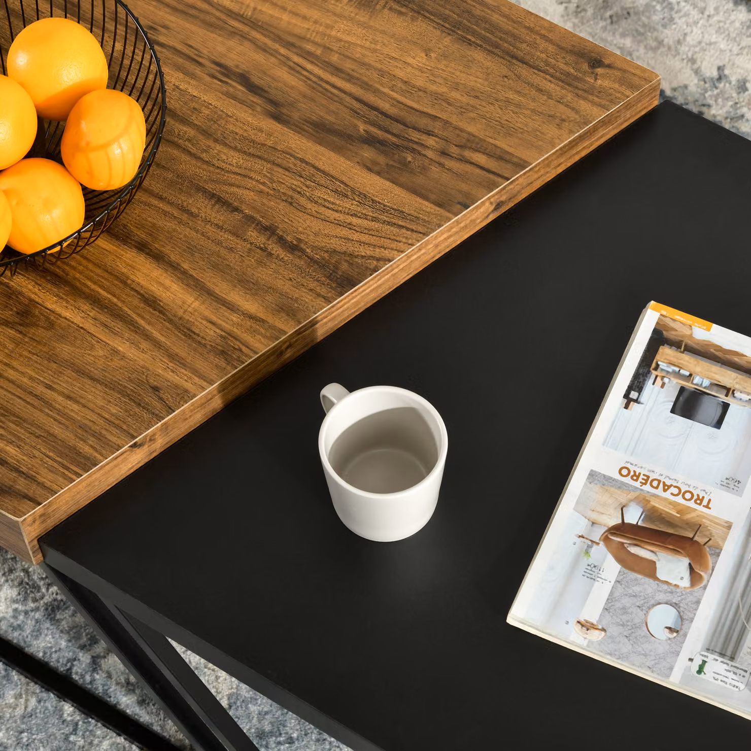 HOMCOM Set of 2 Industrial Geometric Coffee Tables with Black Steel Frame and Wood Tops – 7