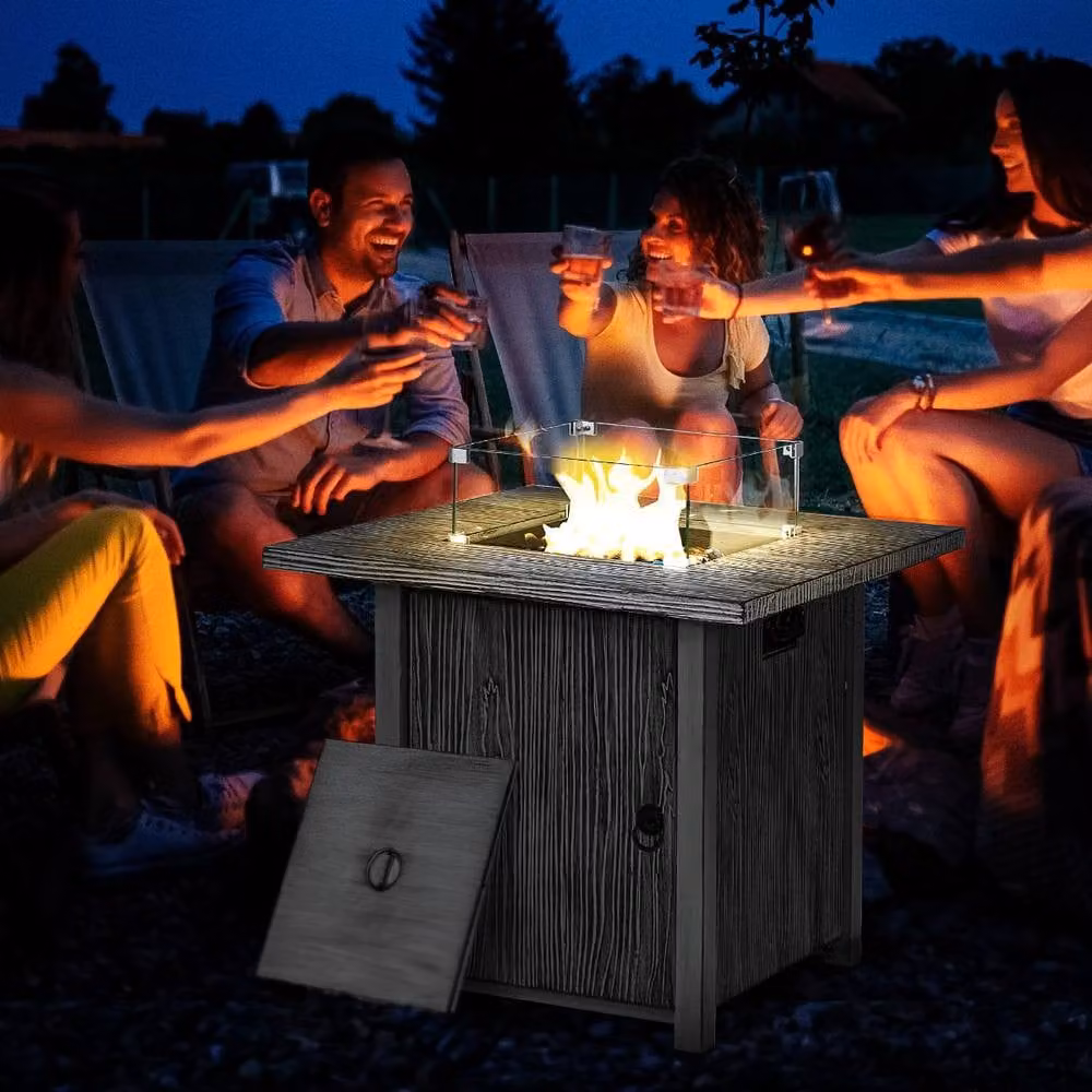 Rolipo Grey Gas Fire Pit Table with Glass Screen and Stainless Steel Details – 3
