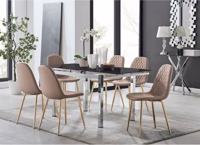 FurnitureboxUK Enna Black Glass Extending Dining Table and 6 Corona Gold Leg Chairs in Cappuccino