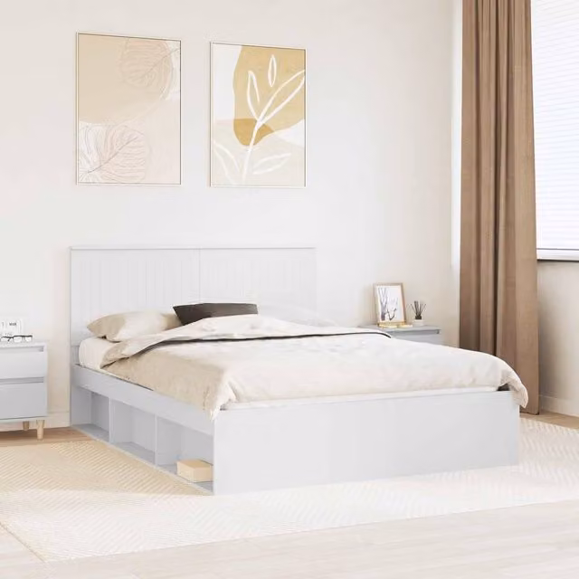 Berkfield Home Modern White Bed Frame with Headboard in Pine and Engineered Wood, W/D/H: 150 x 200 cm