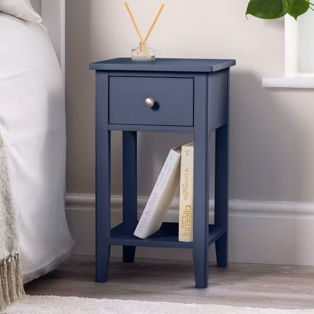 Christow Navy Bedside Table Slim Bedroom Nightstand Cabinet with 1 Drawer and Storage Shelf