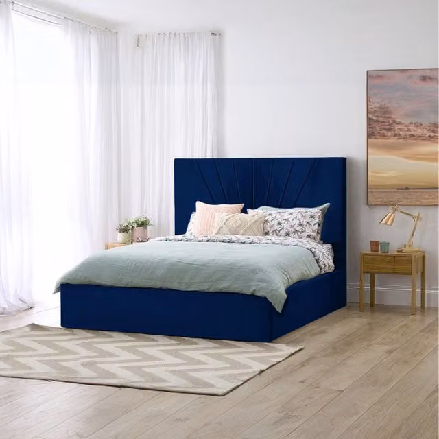 Desire Deco Flora Upholstered Velvet Storage Bed in Blue, W/D/H: 120 x 200 cm