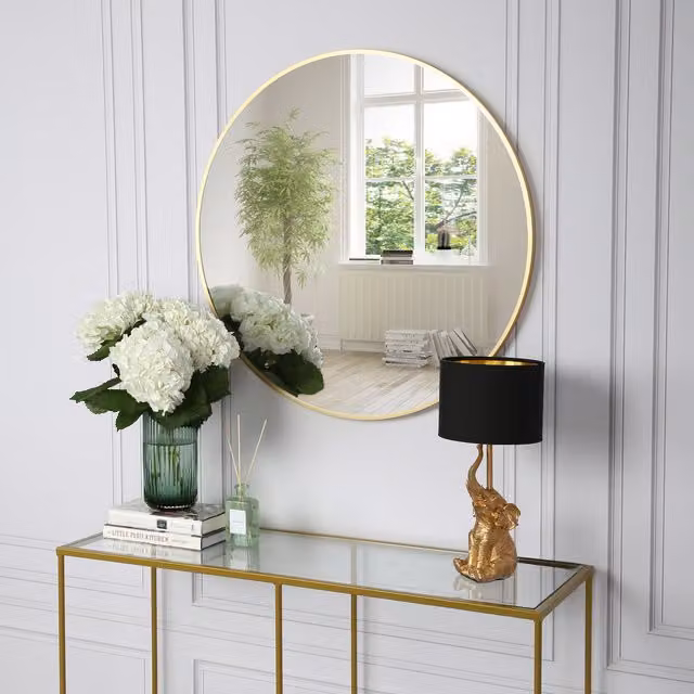 Home Garden Direct Pandora Round Wall Mirror in Gold, W/D/H: 80 x 80 x 1 cm