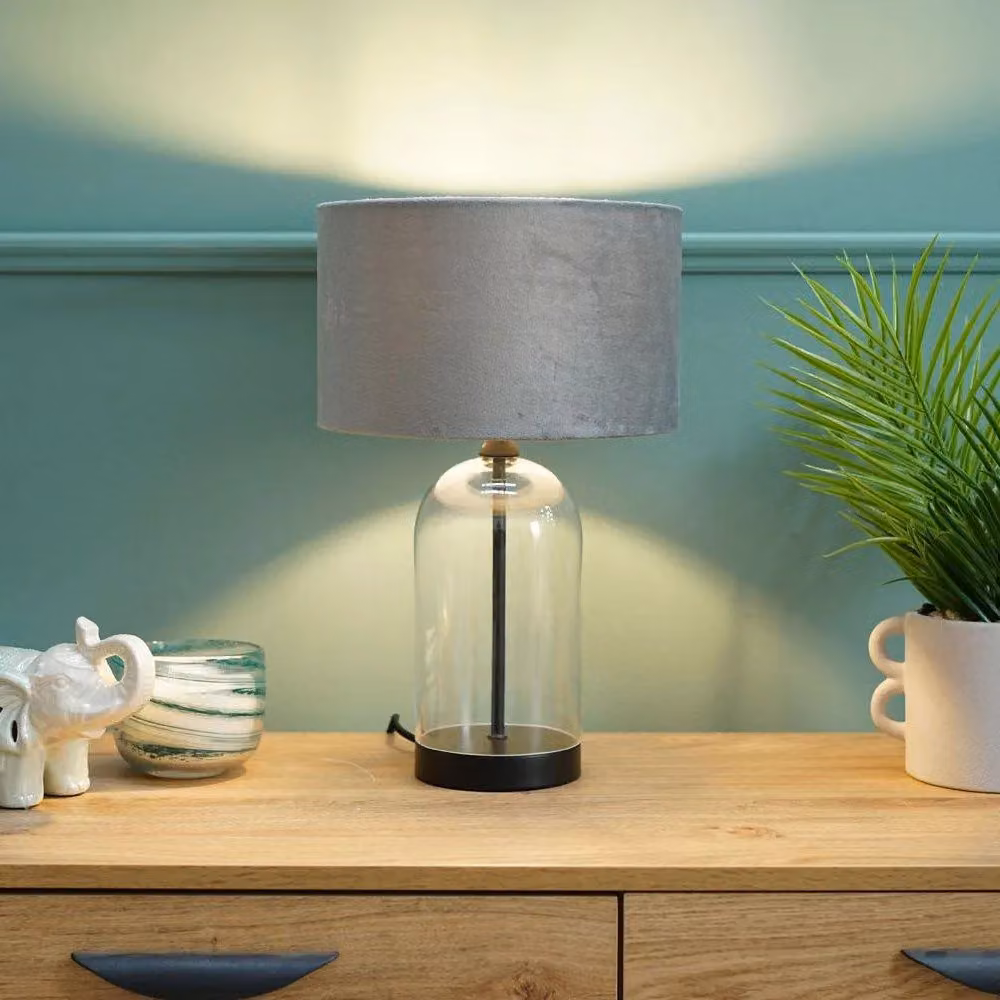 ValueLights Jessy Modern Table Lamp with Black Glass Base and Grey Fabric Shade – 3