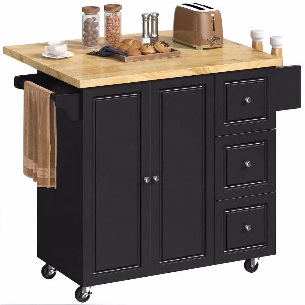 HOMCOM Rolling Kitchen Island Storage Trolley with Drop Leaf and Drawers in Black – 2