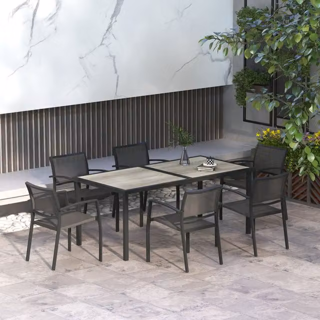 Outsunny Grey Rectangular Patio Dining Set with Table and Four Stackable Metal Chairs