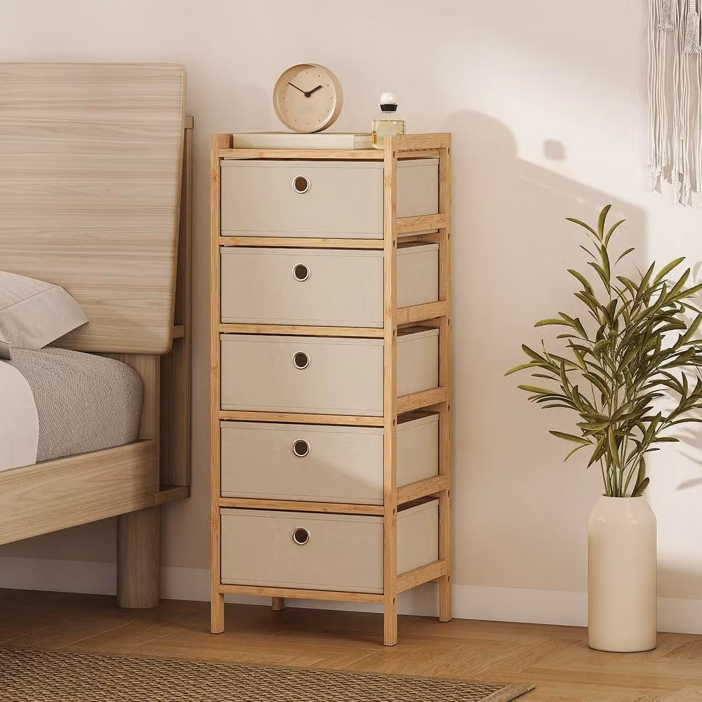 STILVORA 5 Drawer Chest of Drawers with Bamboo Frame in Beige – 2