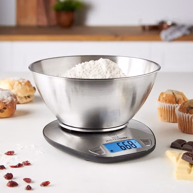 MisterChef Digital Kitchen Scale in Silver Stainless Steel with Tare Function and Digital Display