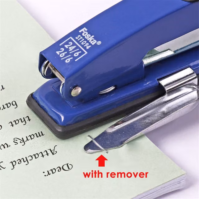 Foska Desktop Stapler with Staple Remover and Paper Collector in White and Blue Plastic