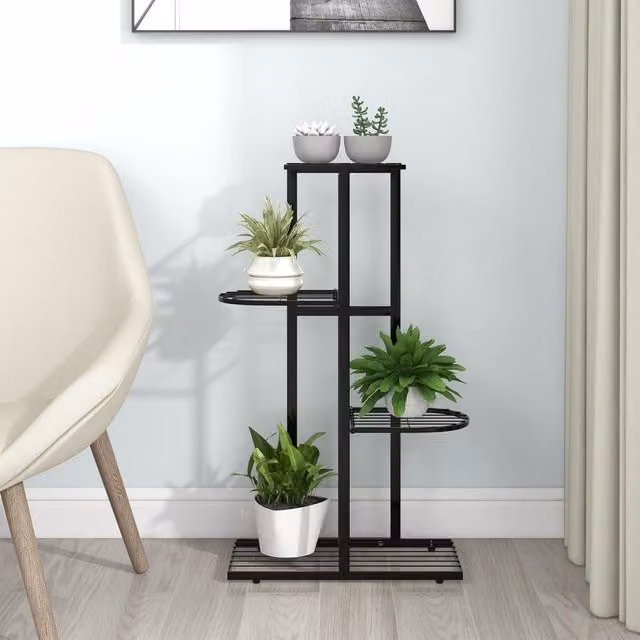 Berkfield Home 4-Floor Modern Metal Flower Stand in Black, W/D/H: 43 x 22 x 76 cm