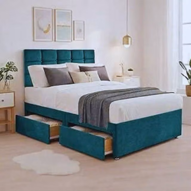 Bed Time UK Plush Velvet Divan Bed with Mattress, 20 inch Cubic Headboard and 2 Drawers in Teal, Size: Double (W/D/H: 140 x 200 cm)