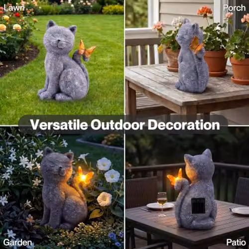 Emitto Solar LED Cat Garden Ornament in Grey and Orange Resin – 5
