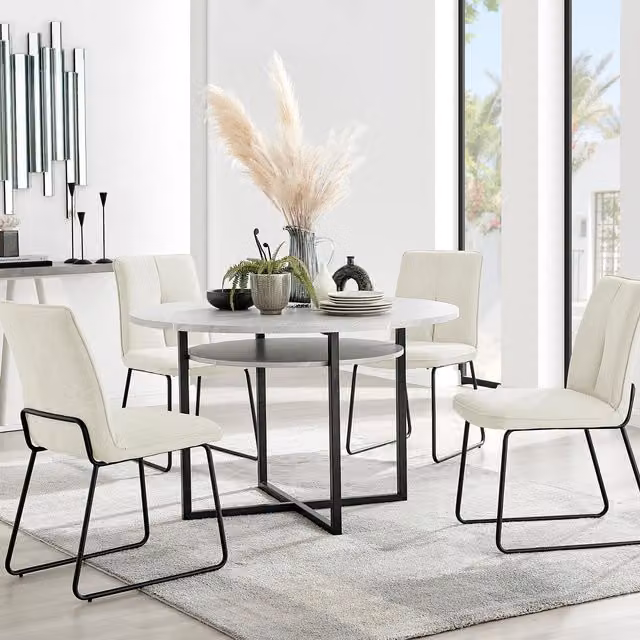 FurnitureboxUK Adley Grey Concrete Effect Round Dining Table and 4 Halley Fabric Chairs in Cream