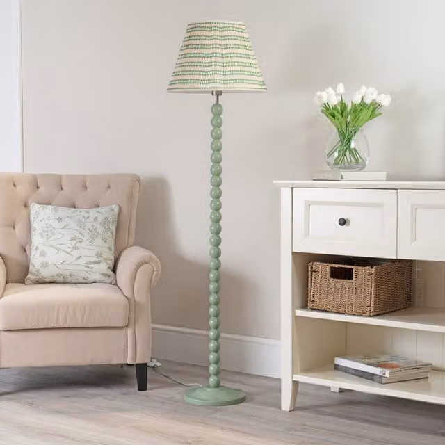 Bobbins Sage Floor Lamp with Tapered Scallop Shade in Pink