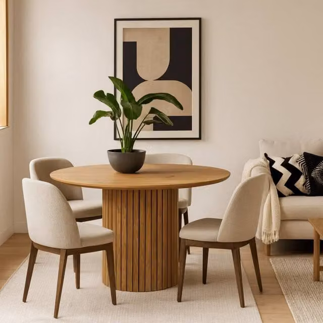 Wyld Haus Rome 4 Seater Round Wild Oak Effect Dining Table with Lamella Pillar Base in Natural Brown, Diameter: 120 cm, Height: 75 cm
