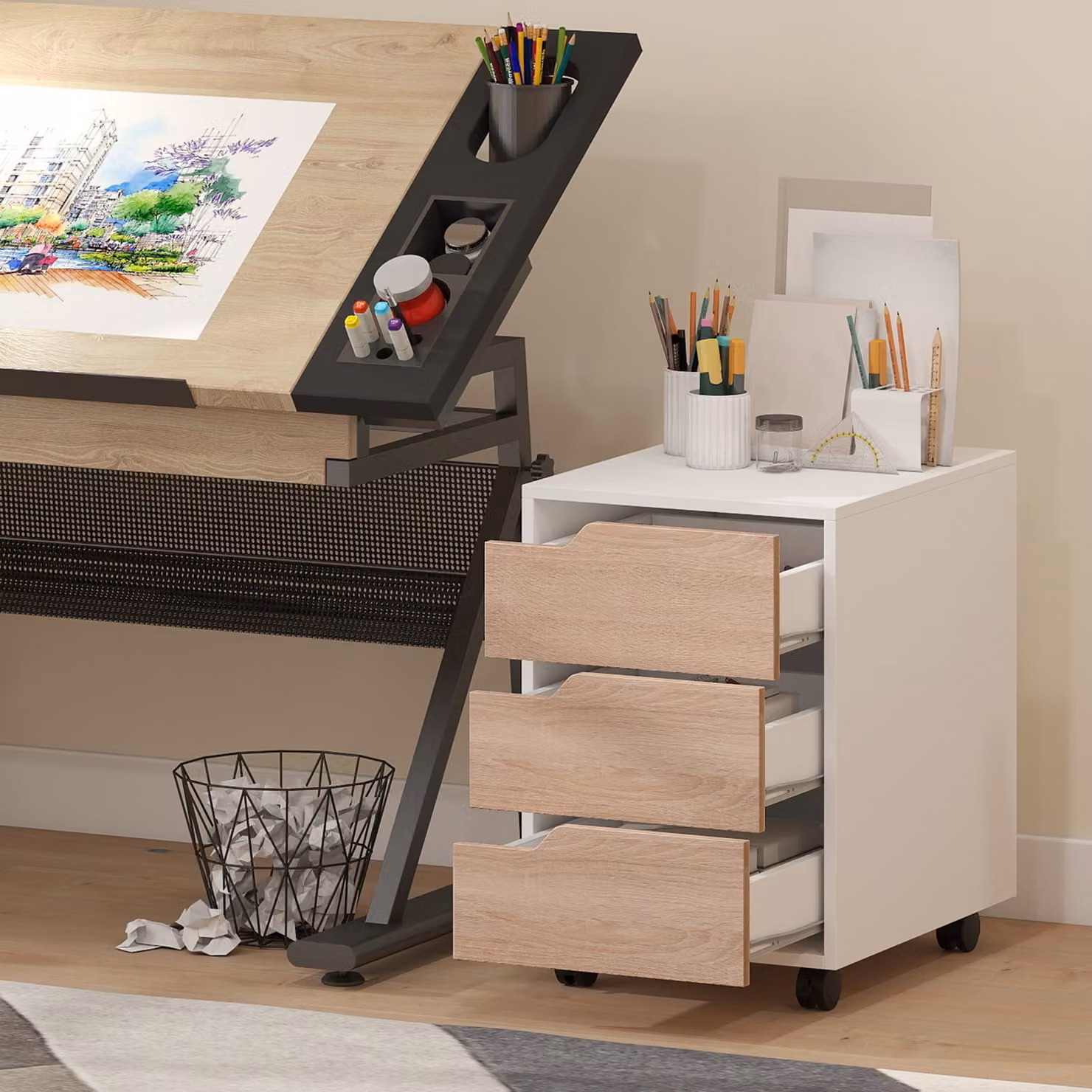HOMCOM Mobile File Cabinet with 3 Lockable Drawers, Oak and White MDF Office Storage Unit – 6