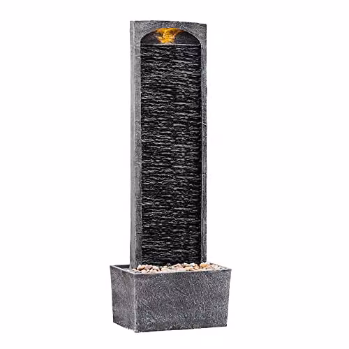 Teamson Home Modern Rectangular Cascade Water Feature with LED Lights and Pump in Grey and Black, W/D/H: 98.0 x 22.0 x 22.0 cm – 1