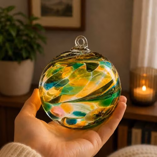 Sienna Glass Archangel Chamuel Angel Orb Hanging Glass Ornament in Green and Multicolour, 10 cm – 2