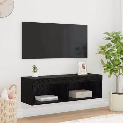 vidaXL Minimalist Wall Mounted TV Cabinet in Black MDF with Integrated Lighting and Internal Shelves, W/D/H: 100 x 30 x 30 cm – 2