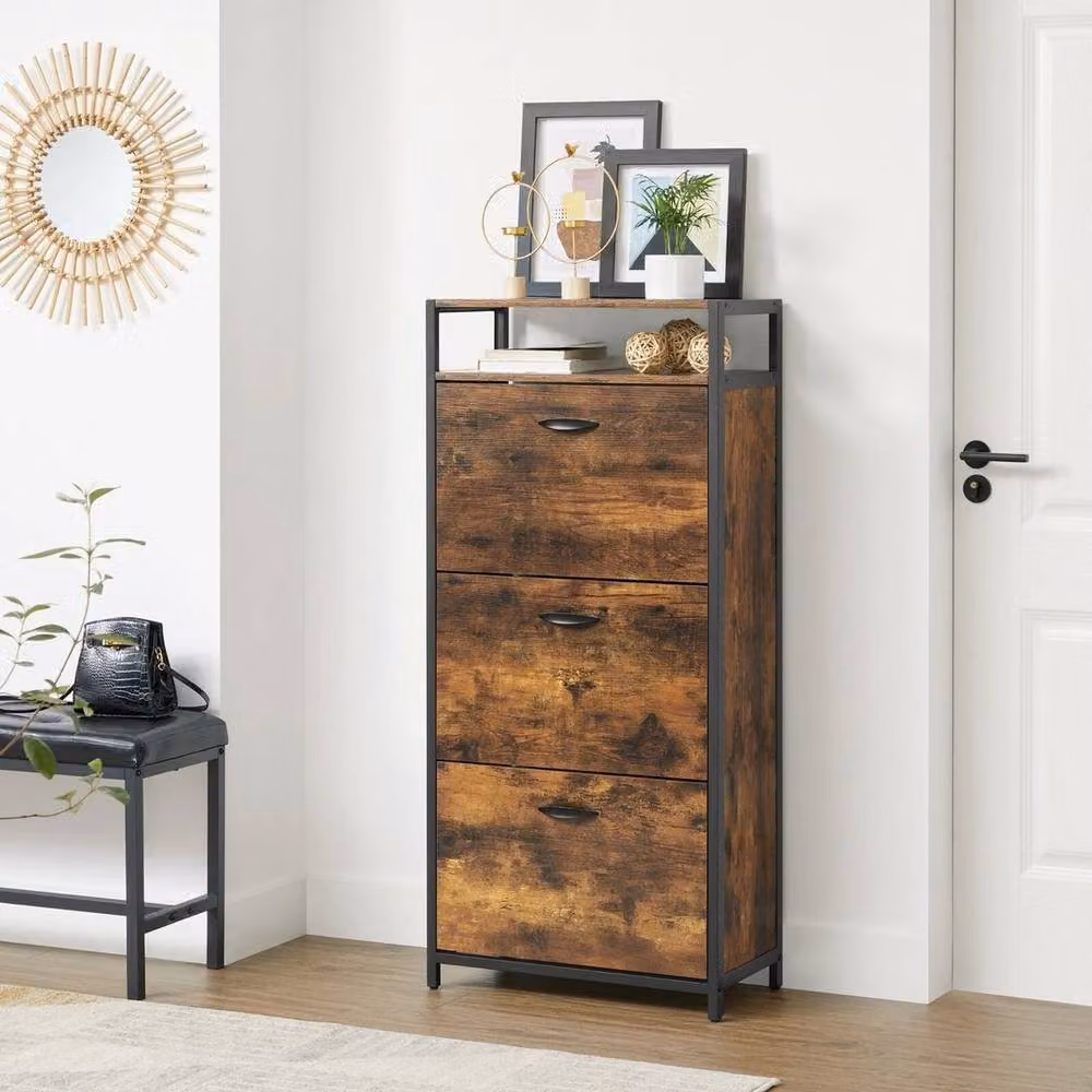 KORVIXA Brown Rustic Shoe Cabinet with 3 Flip Doors and Open Compartment, W/D/H: 100 x 100 x 30 cm – 2