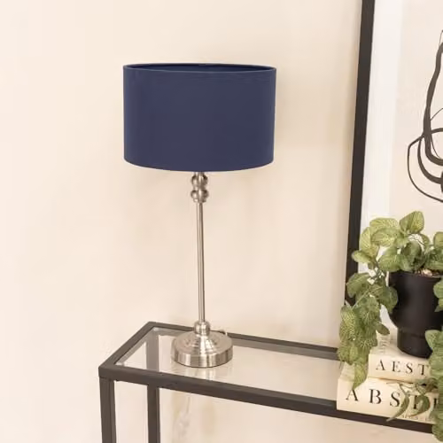 ValueLights Maggie Brushed Chrome Metal Candlestick Table Lamp with Navy Blue Fabric Drum Shade – 2