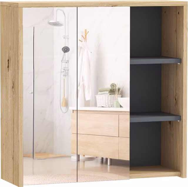 HOMCOM Modern Wall-Mounted Five-Shelf Mirrored Bathroom Cabinet in Brown Wood-Effect