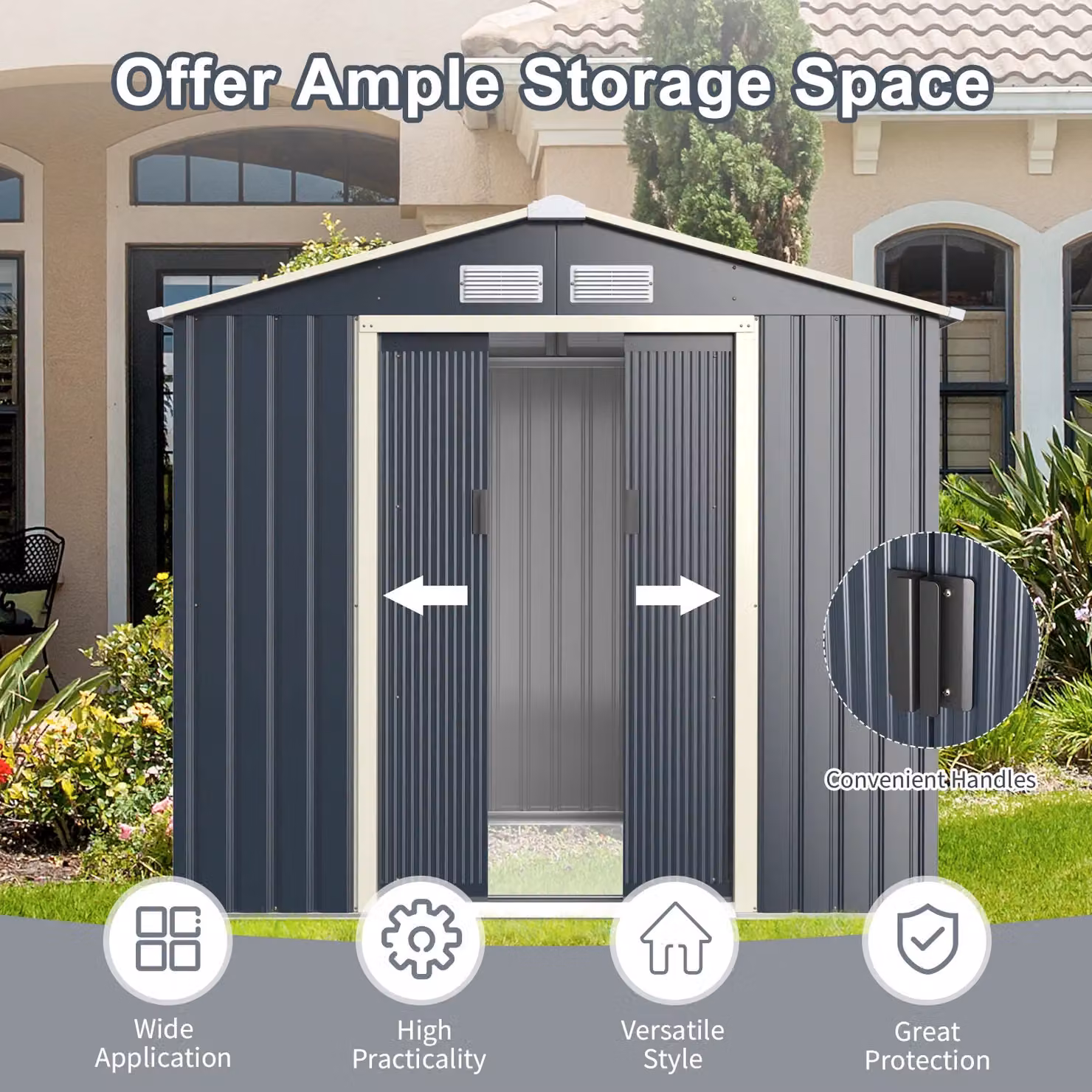 Costway Galvanised Metal Garden Storage Shed with Lockable Sliding Doors, Grey, W/D/H: 213.36 x 121.92 x 213.0 cm – 4
