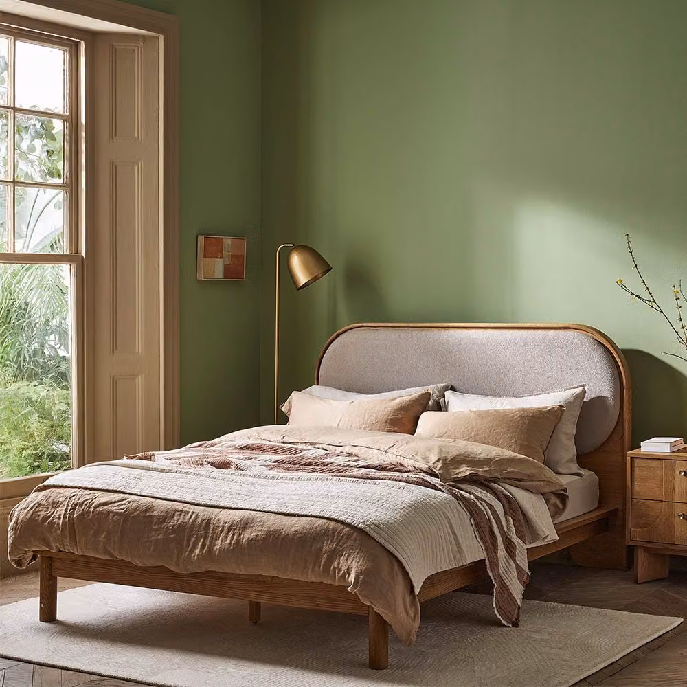 Atkin & Thyme Kadence Upholstered Bed in Grey and Brown Bouclé Fabric with Oak Wood Frame