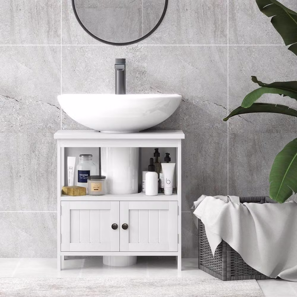 NESTLUNE White and Bronze Bathroom Pedestal Under Sink Cabinet with Internal Shelves and Hinged Doors – 2