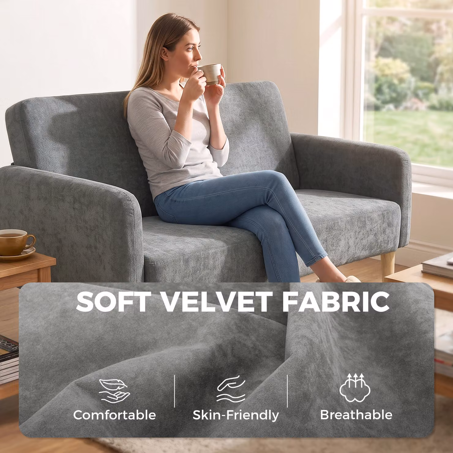 HOMCOM 2 Seater Velvet Sofa in Grey and Black with Metal Frame and Mixed Padding – 4