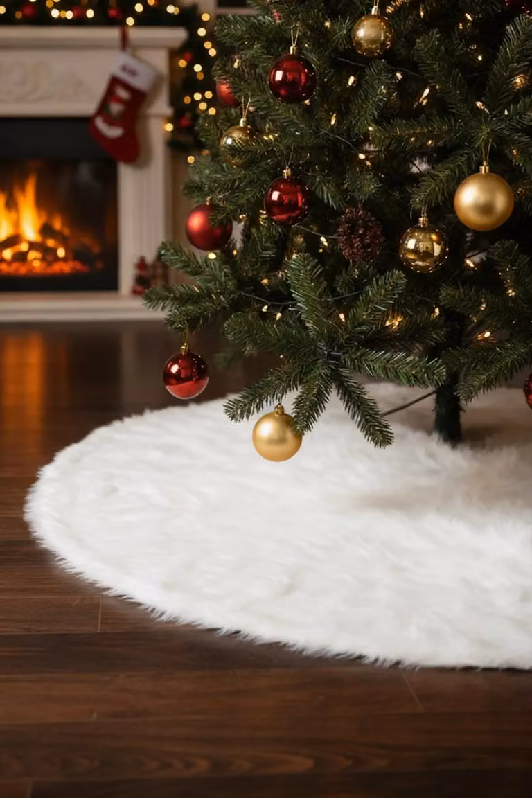 Living and Home White Long Fur Christmas Tree Skirt, 90cm Diameter