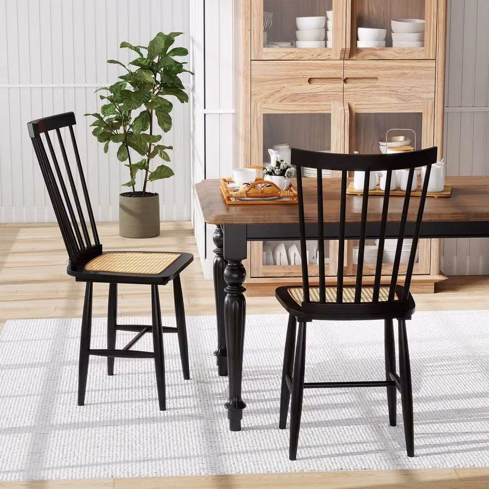 Costway Set of 2 Windsor Dining Chairs in Black with Spindle Back and PE Rattan Seat – 7