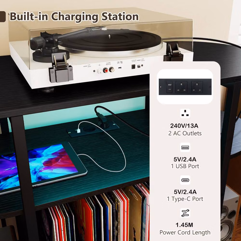 Gymax Large Record Player Stand with LED Lights in Black Metal – 9