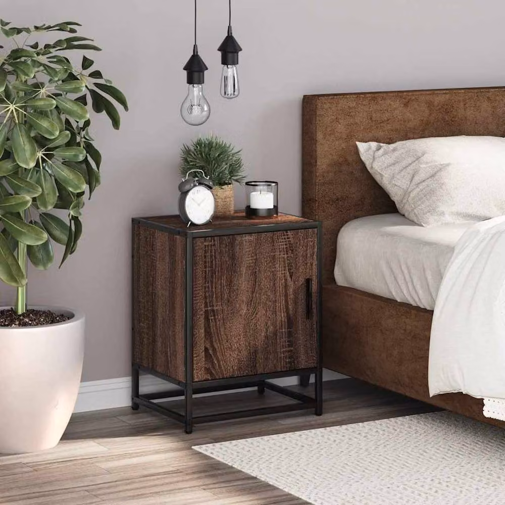 Berkfield Home Brown Oak Bedside Cabinet in Engineered Wood and Metal, W/D/H: 40 x 31 x 50 cm – 2