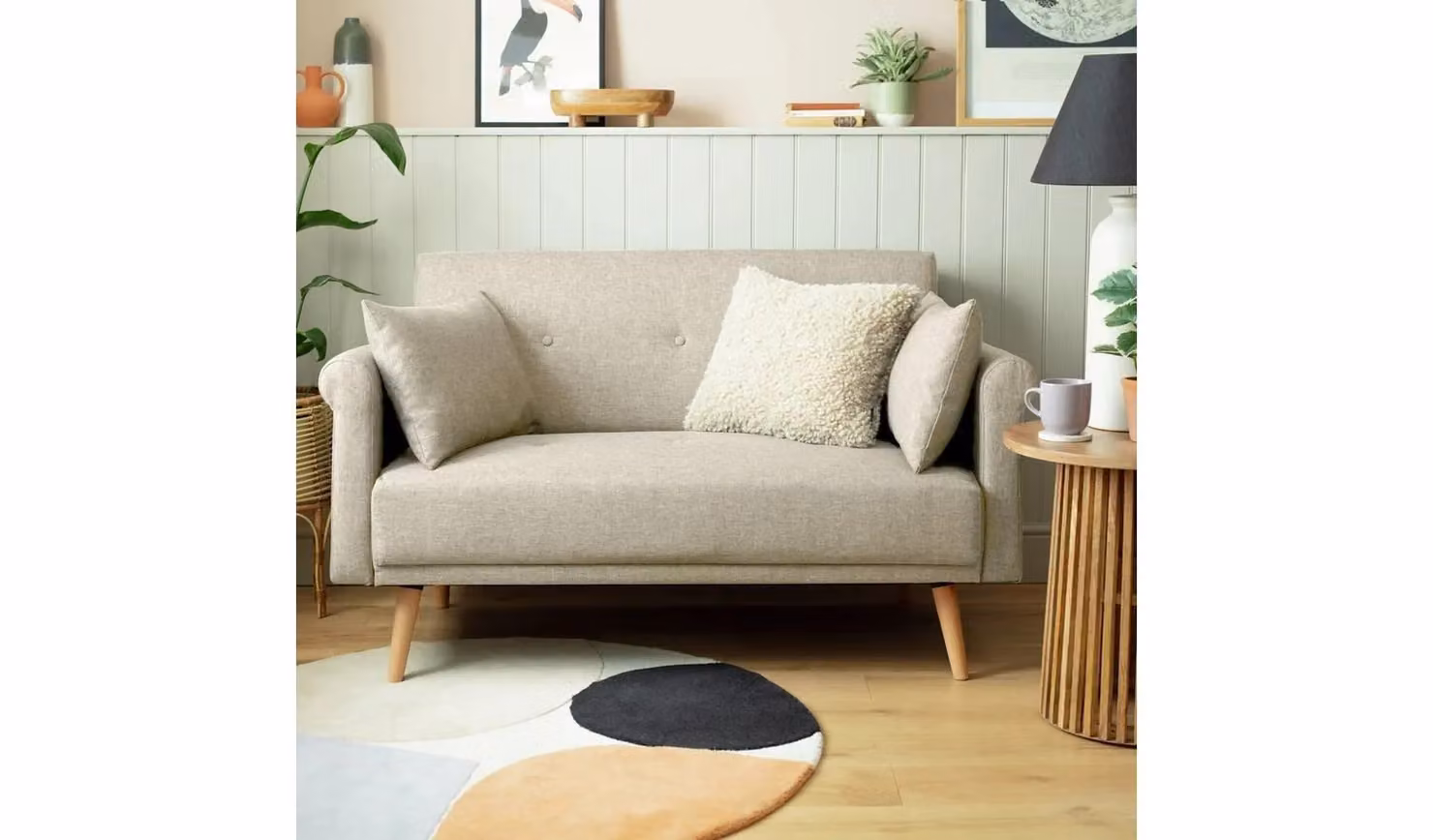 Cheap Furniture Warehouse Evie 2 Seater Fabric Sofa in Beige with Scatter Cushions and Removable Covers