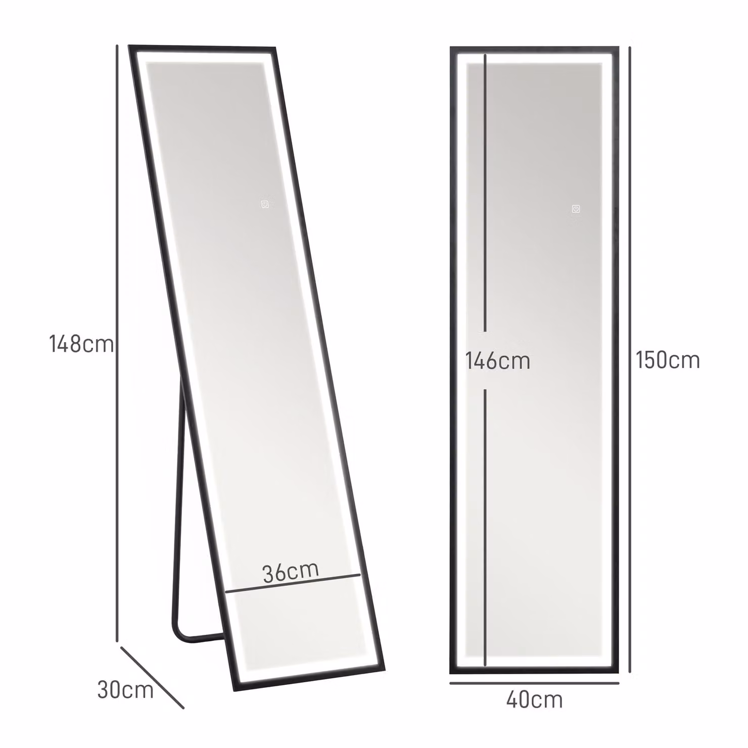 HOMCOM Full Length Free Standing Mirror with Dimmable LED Lights, Black, H 150 x W 40 cm – 3