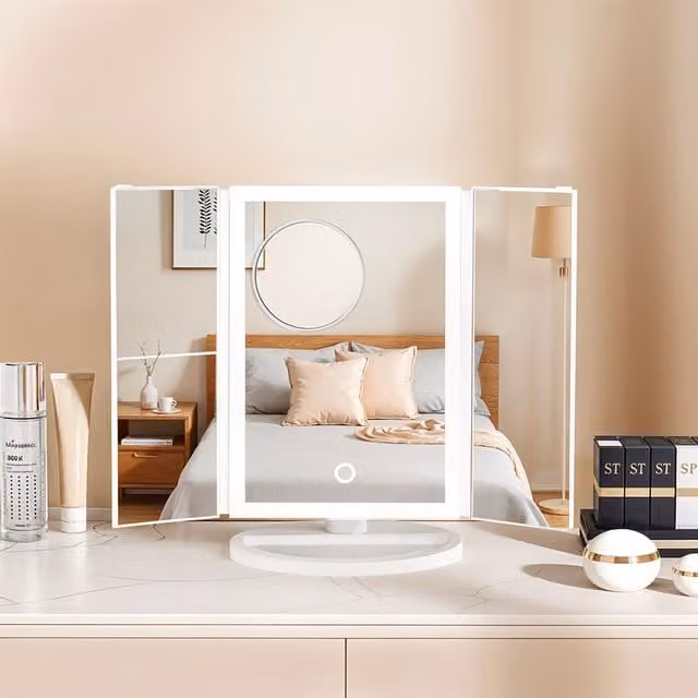Livingandhome Tri-Fold Makeup Mirror with LED Lights, White