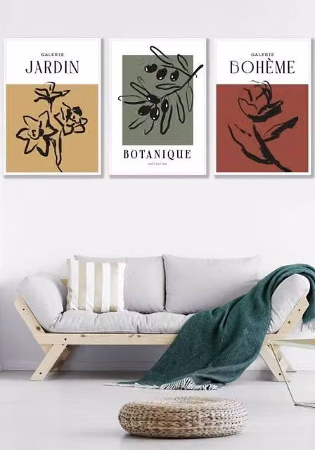ARTZE Set of 3 Multicolour Botanical Sketch Wall Art with White Frames, W45 x H62 x D2 cm