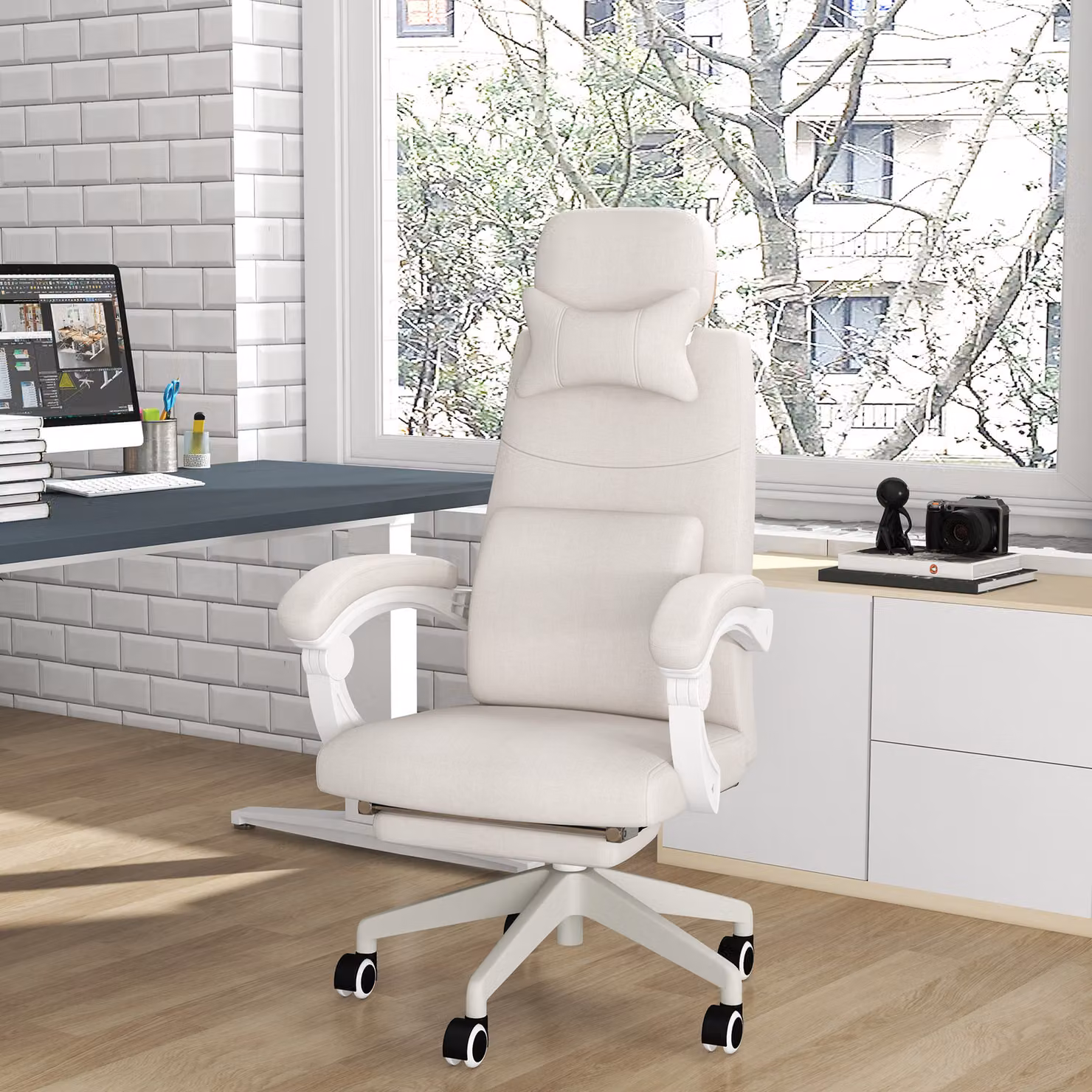 Vinsetto White Fabric High Back Executive Office Chair with Footrest, Headrest and Lumbar Support – 3