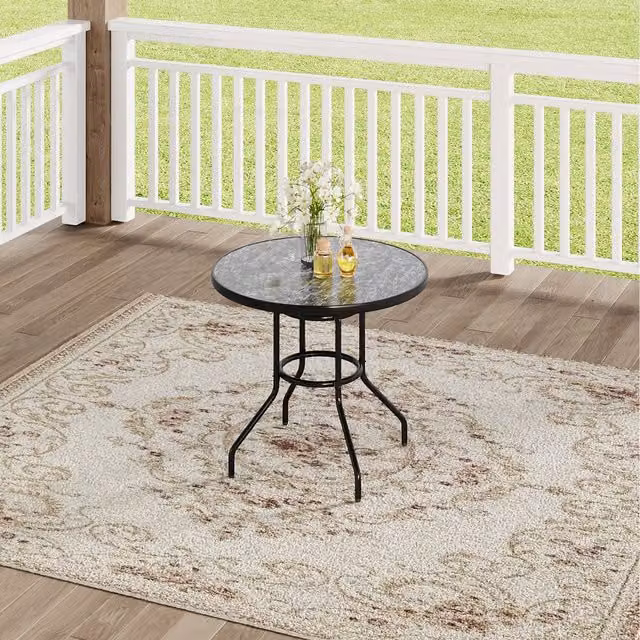 Komore Black Marble Effect Tempered Glass Garden Table with Abstract Minimalist Design