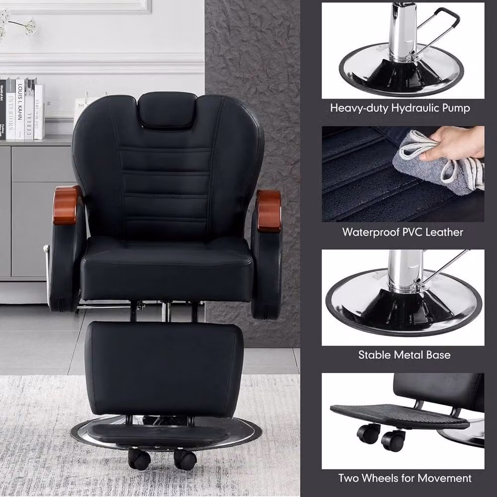 VOGREX Hydraulic Reclining Barber and Tattoo Chair with Footrest in Black – 3