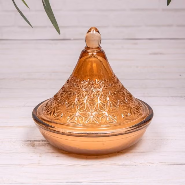 Annibells Glass Tagine Candle Jar with Lid in Moroccan Red Cinnamon with Blue, Green and Brown Patterns, Height: 13 cm