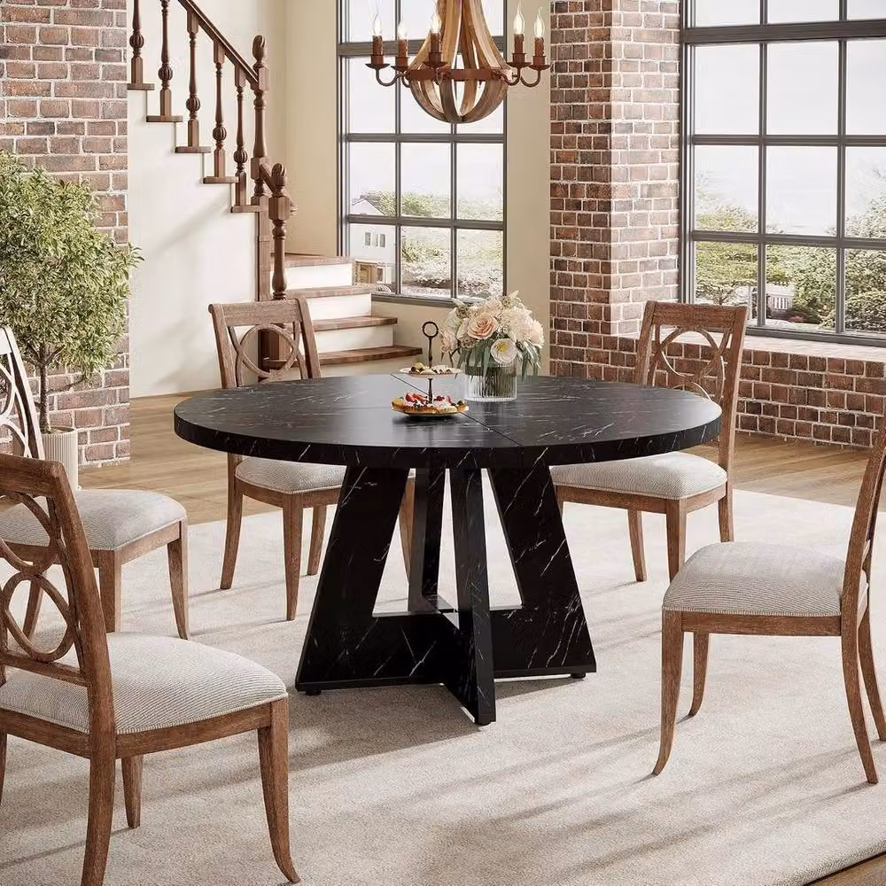 PAWNORA Round Farmhouse Wooden Dining Table in Black, Diameter: 119.38 cm – 3