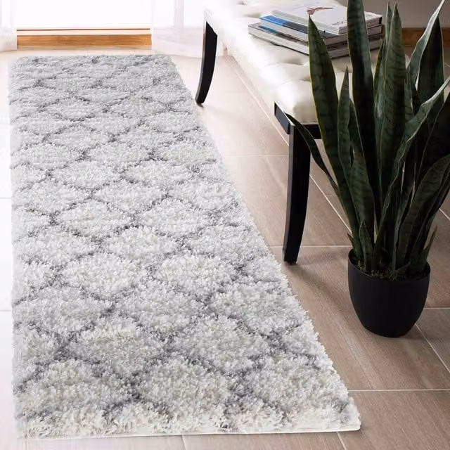 Desire Rugs Moroccan Berber Shaggy Runner in White and Grey, W/D/H: 60 x 220 cm
