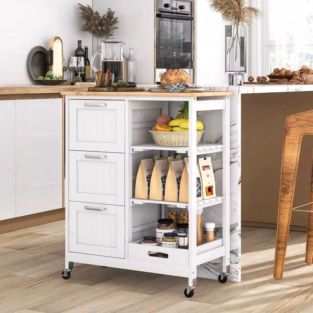 VOGREX White Rolling Utility Kitchen Cart with Lockable Wheels and Wood Finish – 2