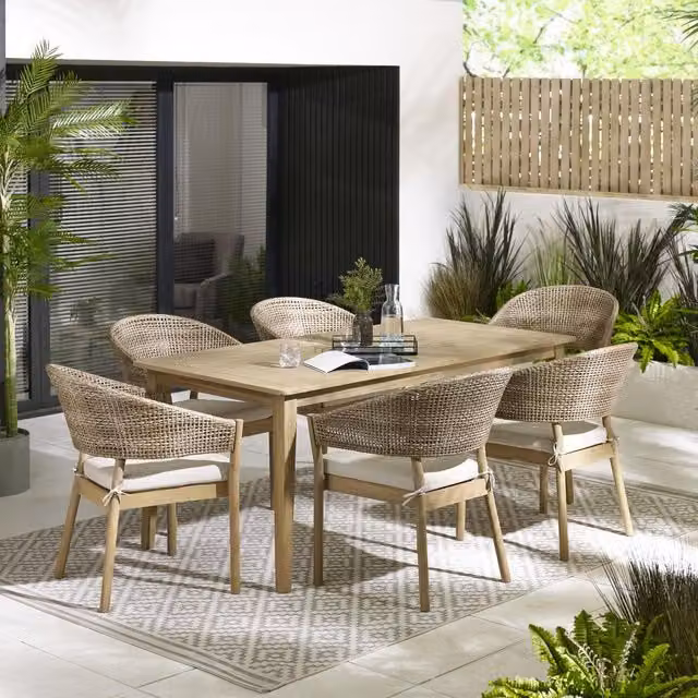 FurnitureboxUK Rustic Acacia Wood Outdoor Dining Set with Rectangular Table and 6 Wood Rattan Chairs in Brown and Beige