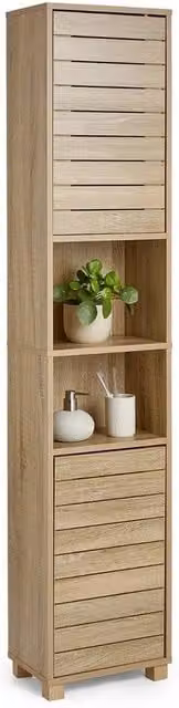 Havendro Tall Bathroom Cabinet in Light Oak Wood Effect with Hinged Doors and Internal Shelves, H: 165 cm, W: 34 cm, D: 23 cm